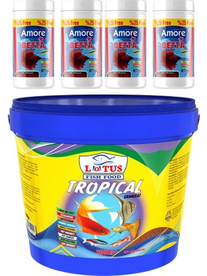 Lotus Tropical Mix 3kg Kova Lepistes Melek Moli Canlı Doğuran Balık Yemi, Amore Betta granules 4x125 ml Kutu