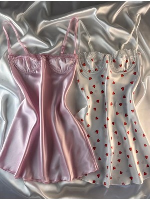 Hama Love Kadın Pembe - Beyaz Kalpli Saten Gecelik