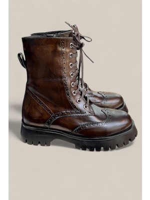 Tufan Shoes Kahve Hakiki Deri Bağcık Detay Fermuarlı Postal Bot