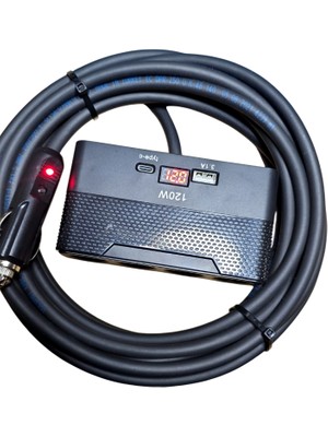 Geseus Araç Çakmak Uzatma Kablosu Çakmaklık Çoklayıcı LCD Ekranlı Usb, Type-C Çıkışlı 12 Volt 10 Amper 120 Wat 2 X1,5mm Ttr Bakır 5 MT-SIYAH-YT-OT733