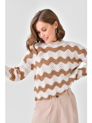 Lujiz Kadın Kazak Delikli Bisiklet Yaka Kazak Camel - 8086SW