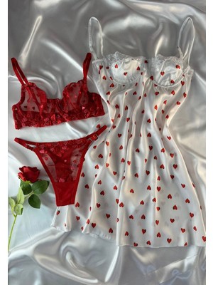 Hama Love Kadın Beyaz Kalpli Gecelik Kırmızı İç Çamaşır Takımı Seti