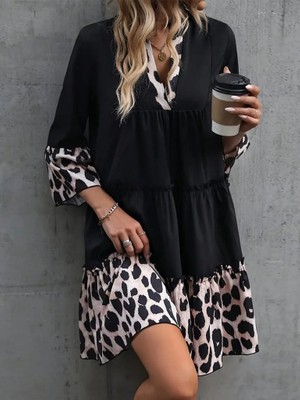 Moderie Butik Kadın Fakir Kol V Yakalı Leopar Desen Detaylı Trikoton Elbise