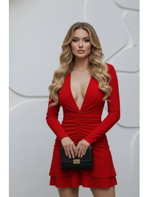 Moderie Butik Kadın Uzun Kollu Derin V Dekolte ve Ek Volan Detay Toparlayıcı Şortlu Elbise