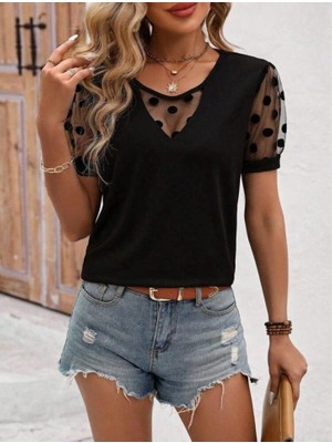 Moderie Butik Kadın Puantiyeli Tül Kol Detay Sandy Kumaş Bluz