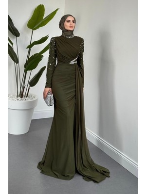 Merven Akyüz Elvira Taş Detaylı Tül  Abiye Haki