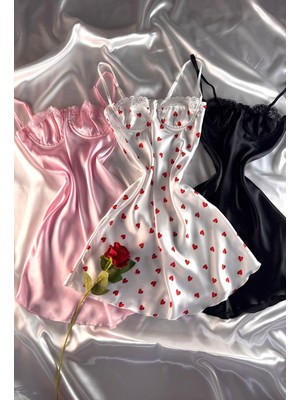 Hama Love Kadın Pembe - Beyaz Kalpli - Siyah Saten Gecelik