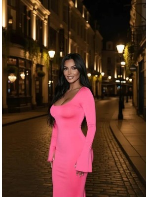 Moderie Butik Kadın Uzun Kollu Kare Yaka Volanlı Manşet Detay Maxi Boy Elbise