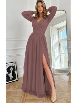Moderie Butik Kadın Uzun Kollu Kruvaze Yakalı Belden Kuşaklı Tüllü Uzun Ithal Krep Elbise