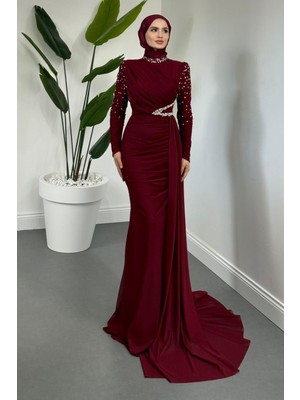 Merven Akyüz Elvira Taş Detaylı Tül Abiye Bordo Kadın Zarif Tasarım 46 Beden