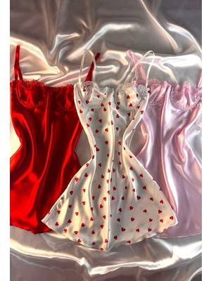 Hama Love Kadın Kırmızı - Beyaz Kalpli - Pembe Saten Gecelik