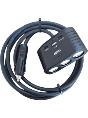 Geseus Araç Çakmak Uzatma Kablosu Çakmaklık Çoklayıcı  Usb, Type-C Çıkışlı 12 Volt 10 Amper 120 Wat 2 X1,5mm Ttr Bakır 2 MT-SIYAH-YK-OT732