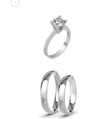 Vipfoni 4mm Bombeli Gümüş Renk  Alyans Çifti Söz Yüzüğü ve Tektaş Yüzük 3lü Set