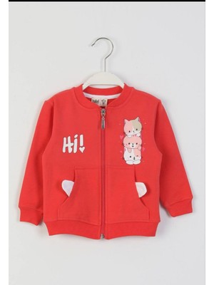 Isobel %100 Pamuk Yumuşak Doku (9-36 Aylık) Cepli Sevimli Kedicik Baskılı Fermuarlı Kırmızı Sweat Hırka