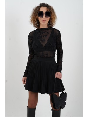 Zelish My Sister Siyah Floral Desenli Işıltılı Tül Bluz