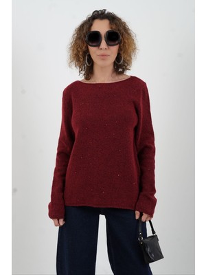 Zelish My Sister Bordo Kayık Yaka Pullu Simli Triko Kazak