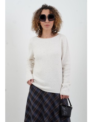 Zelish My Sister Krem Kayık Yaka Pullu Simli Triko Kazak