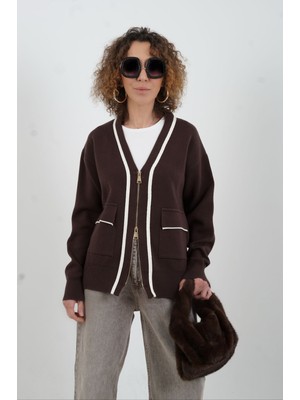 Zelish My Sister Kahve Kontrast Biyeli Fermuarlı Sofistik Hırka