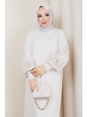 Pamuk Butik Kadın Kolu Gül Detaylı Merserize Triko Elbise -PMK498