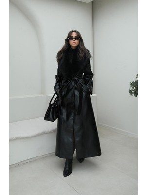 Havoş Siyah Buono Yakası Kürklü Deri Kaban