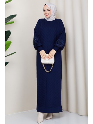 Pamuk Butik Kadın Kolu Gül Detaylı Merserize Triko Elbise -PMK498