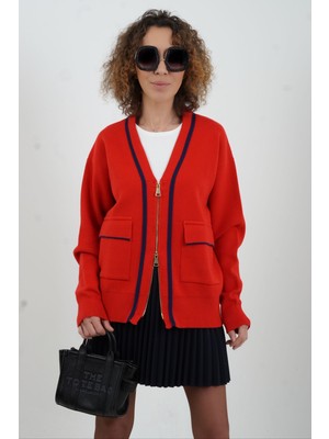 Zelish My Sister Kırmızı Kontrast Biyeli Fermuarlı Sofistik Hırka