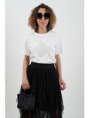 Zelish My Sister Ekru Taşlı Incili Balık Figürlü Tshirt