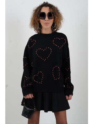 Zelish My Sister Siyah Kalp Taş Işleme Triko Kazak