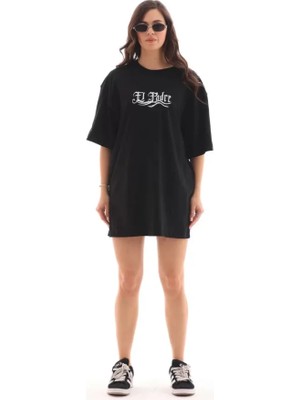 Egecen Unisex Bisiklet Yaka Baskılı Oversize T-Shirt - Siyah