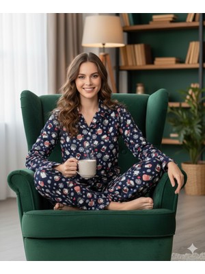Alpotekno Lacivert Yılbaşı Temalı Süet Kumaş Düğmeli Kadın Pijama Takımı – Yumuşak Dokulu, Rahat Kesim