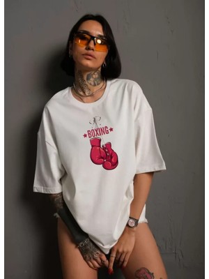 Egecen Unisex Bisiklet Yaka Baskılı Oversize T-Shirt - Beyaz