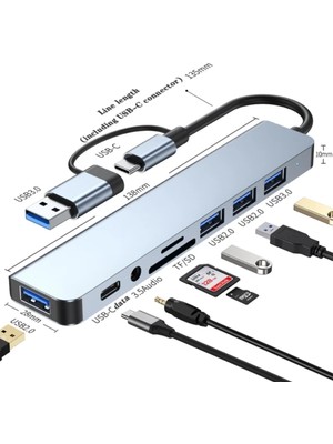 Plentiful 8’li Type-C Çok Portlu USB Hub – USB 2.0/3.0, 3.5 mm Ses Çıkışı, Tf/sd Kart Okuyucu Çoklayıcı Adaptör