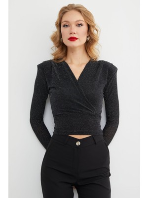FullaModa Omuz Vatkalı Simli  Kruvaze Yaka Bluz
