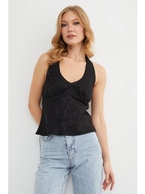 FullaModa Leopar Desenli Boyundan Bağlamalı Saten Bluz