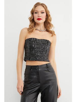 FullaModa Pullu Kadife Straplez Büstiyer