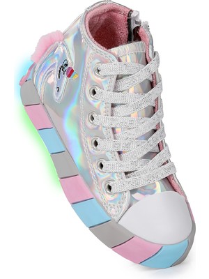 Kiko Kids Unicorn Kız Çocuk Spor Ayakkabı Düz Taban Suni Deri Bağcıklı ve Fermuarlı Işıklı