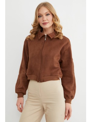 FullaModa Fermuarlı Polo Yaka Süet Bomber Ceket
