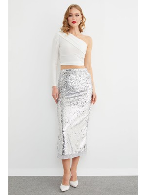 FullaModa Şifon Detaylı Yırtmaçlı Pul Payet Maxi Etek