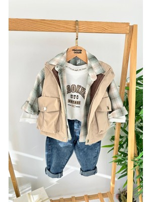 Miniğimin Cicileri Brooklyn Baskılı Ekose Gömlek ve Yelekli Erkek Çocuk 4’lü takım - Krem