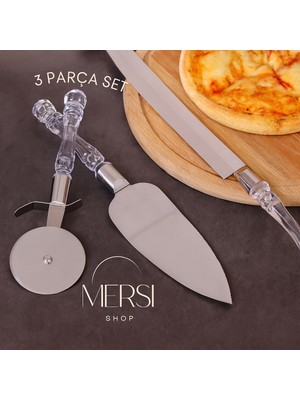 Mersi Shop 3 Parça Pizza Servis Seti | Pizza Kesici Dişli Bıçak ve Spatula | Paslanmaz Mutfak Seti