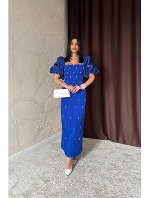 Kendim Fashion Saks Işlemeli Kolu Garnili Elbise