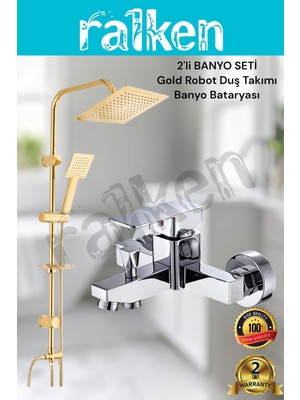 Ralken 2'li Gold Banyo Batarya Duş Seti; Gold (Altın) Robot Duş Seti ve Kare Krom Banyo Bataryası - Yağmurlama Tepe Duş Takımı