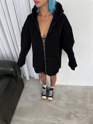 Kendim Fashion Oversize Tam Fermuarlı Uzun Kol Hırka - Siyah