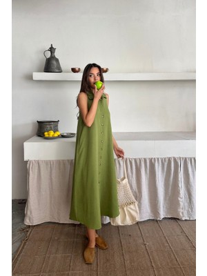 Kendim Fashion Keten Önden Düğmeli Kolsuz Gömlek Yaka Elbise - Yağ Yeşili