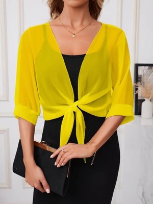 Kendim Fashion Kadın Truvakar Kollu Önden Bağlamalı Kısa Şifon Bolero Ceket