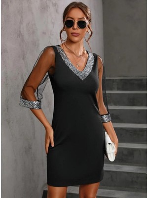 Kendim Fashion Kadın Uzun Kollu V Yaka ve Kol Ucu Pul Payet Krep Elbise