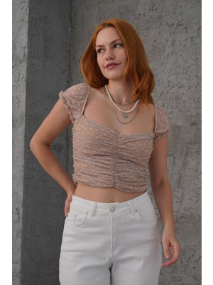 Kendim Fashion Puantiyeli Belden Oturtmalı Tül Krem Bluz