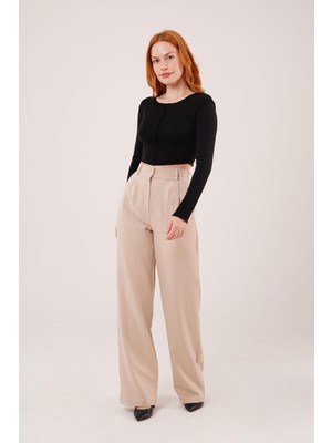 Kendim Fashion Bol Paça Piliseli Bej Pantolon