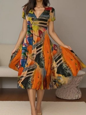 Kendim Fashion Kadın Kısa Kollu V Yaka Renkli Karışık Desen Kloş Süprem Midi Elbise