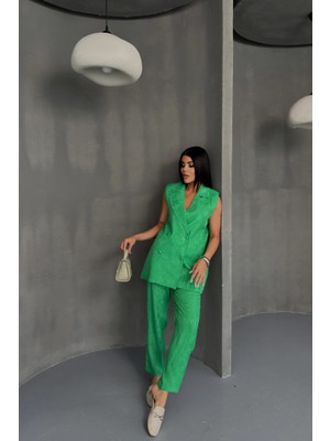 Kendim Fashion Jakar Kumaş Yelek - Pantolon Takım - Yeşil